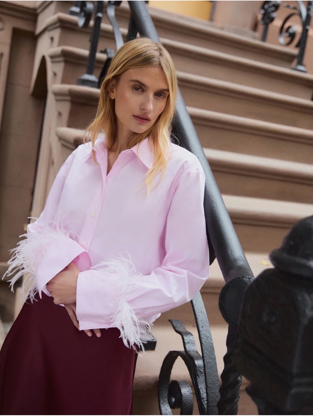 Tanya Taylor Largaux Feathered Button Front Shirt Baby Pink Small Quiet Luxury